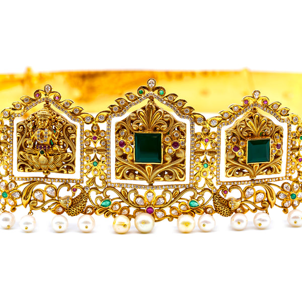 22K Yellow Gold Laxmi Vaddanam Waist Belt w. Gems & Pearls (275 grams) | Add a sophisticated and stylish finish to your formal or traditional wear with this 22K yellow go...