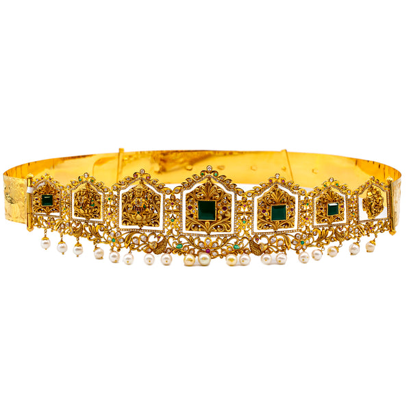 22K Yellow Gold Laxmi Vaddanam Waist Belt w. Gems & Pearls (275 grams) | Add a sophisticated and stylish finish to your formal or traditional wear with this 22K yellow go...