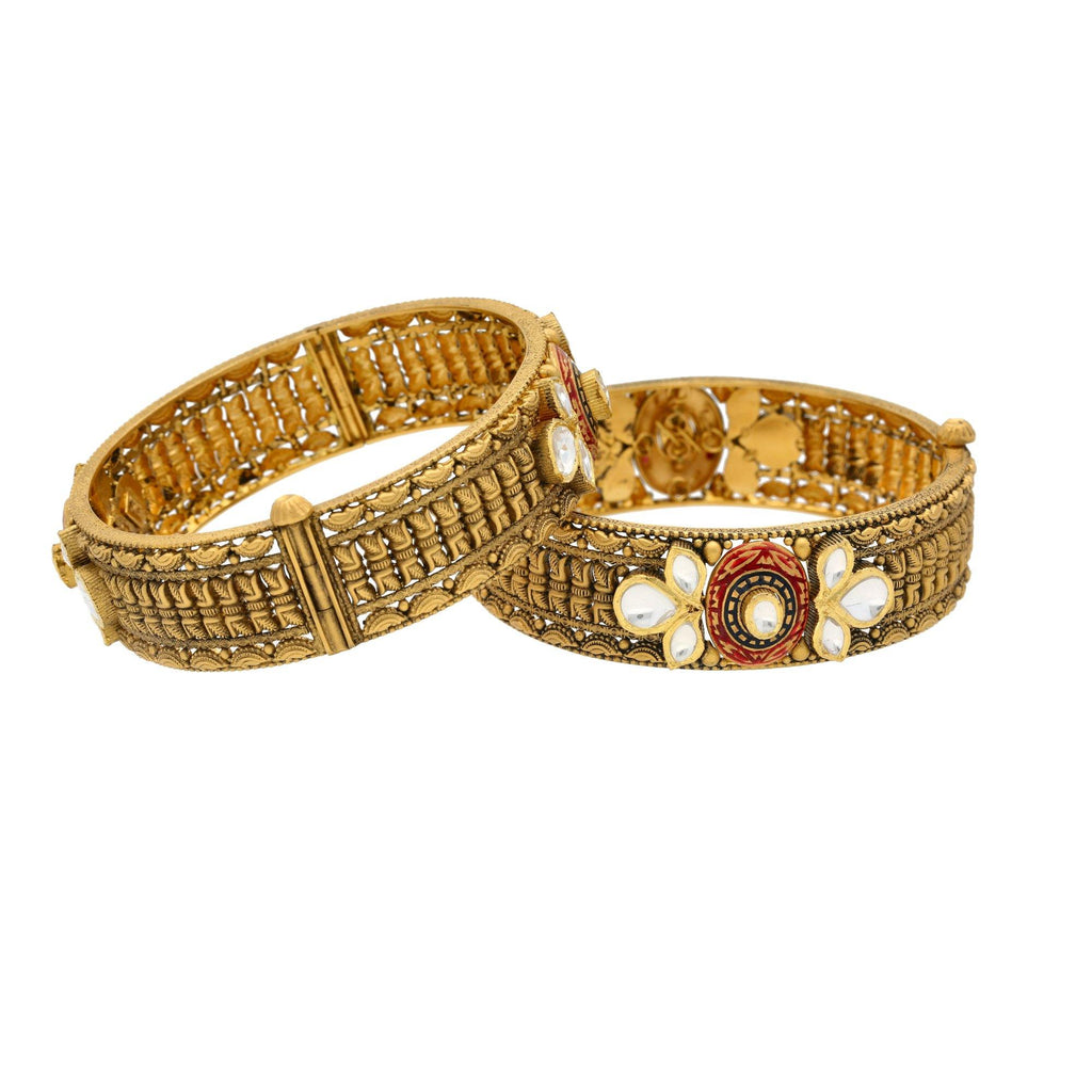 22K Gold Antique Bangles W/ Kundan, 65gm - Virani Jewelers | 


If nature-inspired designs fascinate you, then this 22K antique gold bangle is surely going to...