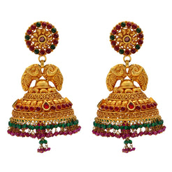 22K Yellow Gold & Gemstone Jhumka Earrings (68.6gm)