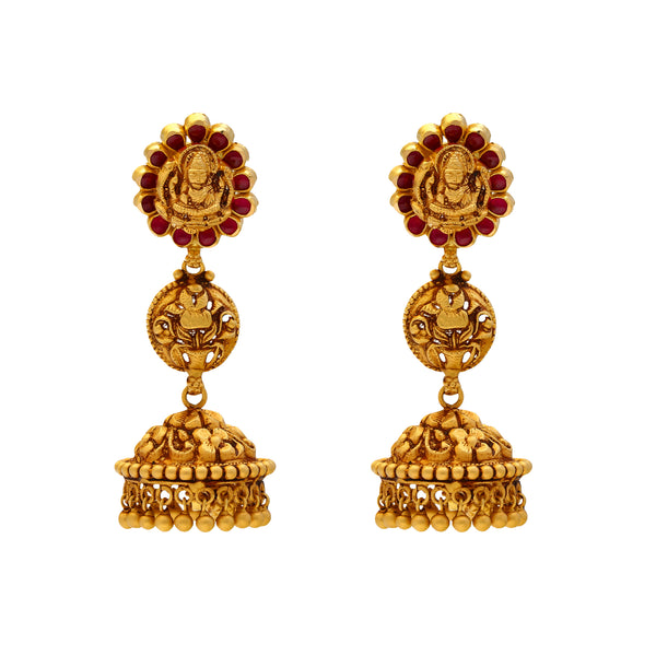 22K Yellow Gold & Ruby Jhumka Earrings (19.2gm) | 
This spectacular 22k yellow gold temple jhumka earring features the addition of rubies for a ric...