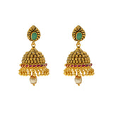 22K Yellow Gold Jeweled Jhumka Earrings (22.2gm) | 
This wonderful pair of 22k yellow gold, gemstone, and pearl jhumka earrings will add a air of so...