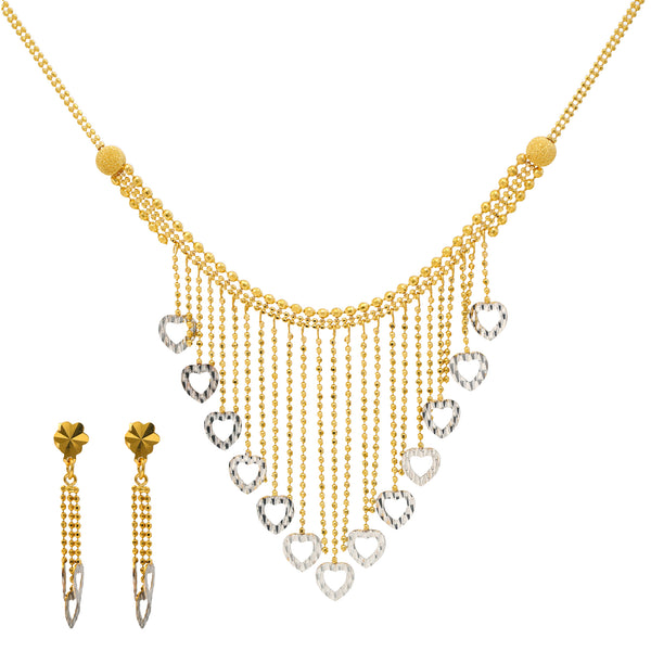22K Yellow & White Gold Chandelier Hearts Jewelry Set (15.9gm) | Our 22K yellow and white gold chandelier earrings and necklace are a sophisticated set that adds ...