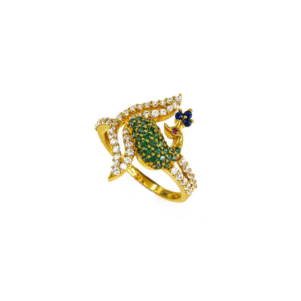 22K Yellow Gold Peacock Ring W/ CZ Encrusted Split Train & Asymmetric Band - Virani Jewelers | This is a peacock-style 22K gold ring with an encrusted split-train asymmetric band. This beautif...
