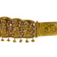 A side view of the 22K gold waist belt with detailed images of Laxmi adorned with precious rubies, emeralds, and hanging gold balls. 