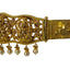 A side view of a 22K waist belt with an antique finish from Virani Jewelers featuring hanging pearls that sit under the images of Laxmi.