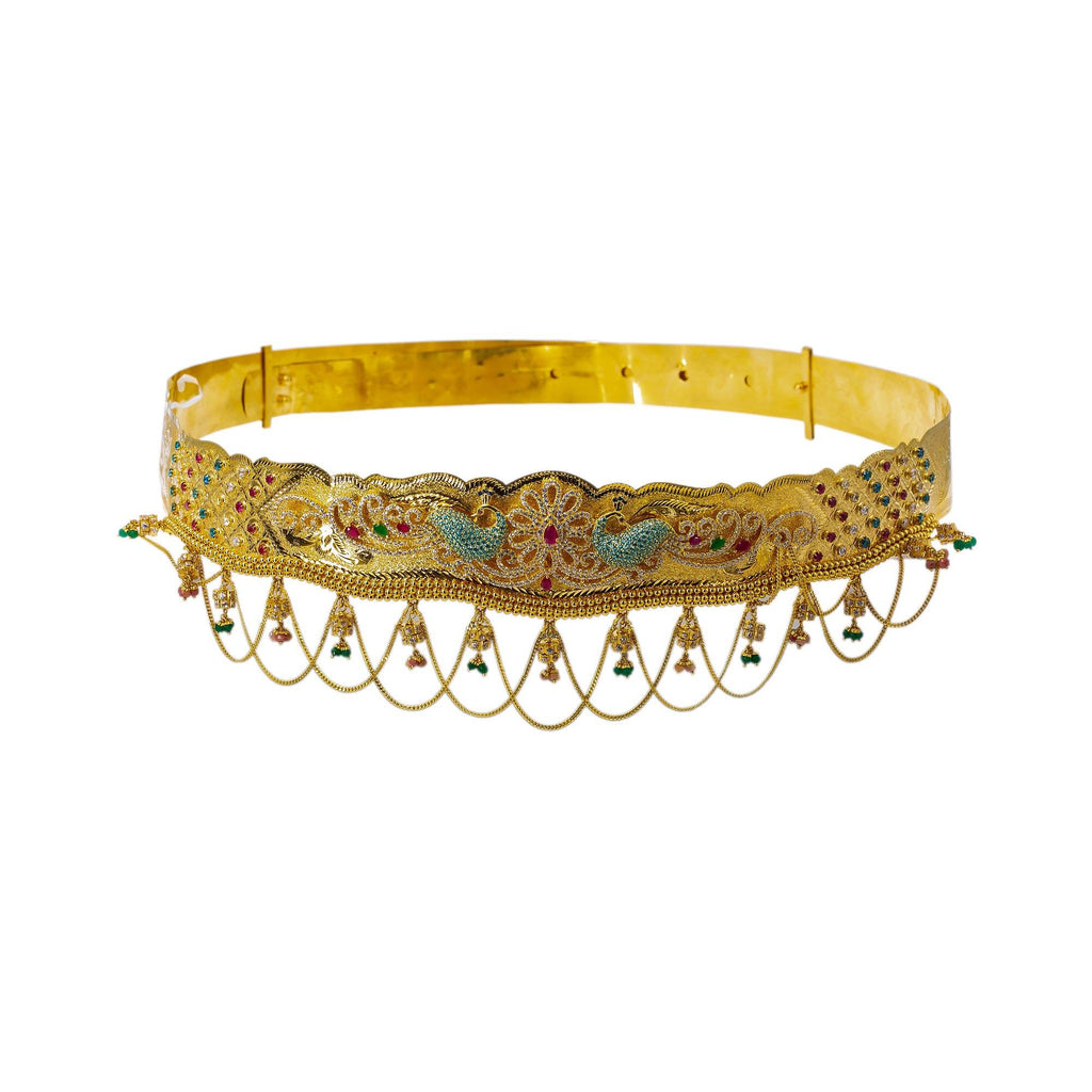 A picture of the whole 22K yellow gold waist band from Virani Jewelers featuring emeralds, rubies, CZ gemstones, and chandelier accents. | Add movement and luxury to your most festive looks with Vaddanam waist belts that will transform ...
