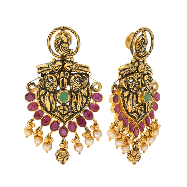 22K Yellow Gold & Gem Antique Chandbali Earrings (19.7gm) | 
This unique Indian gold set of chandbali earrings has a lush assortment of emeralds, rubies, and...