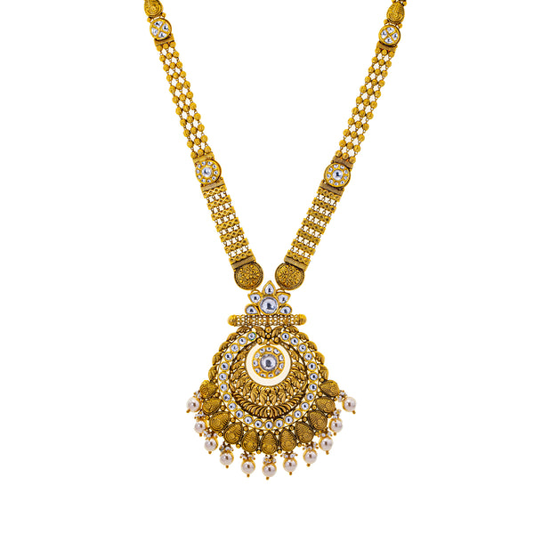 22K Antique Gold & Kundan Stone Jewelry Set (135.1gm) | 
What better way to light up the room than with this exquisite 22k antique gold and kundan stone ...