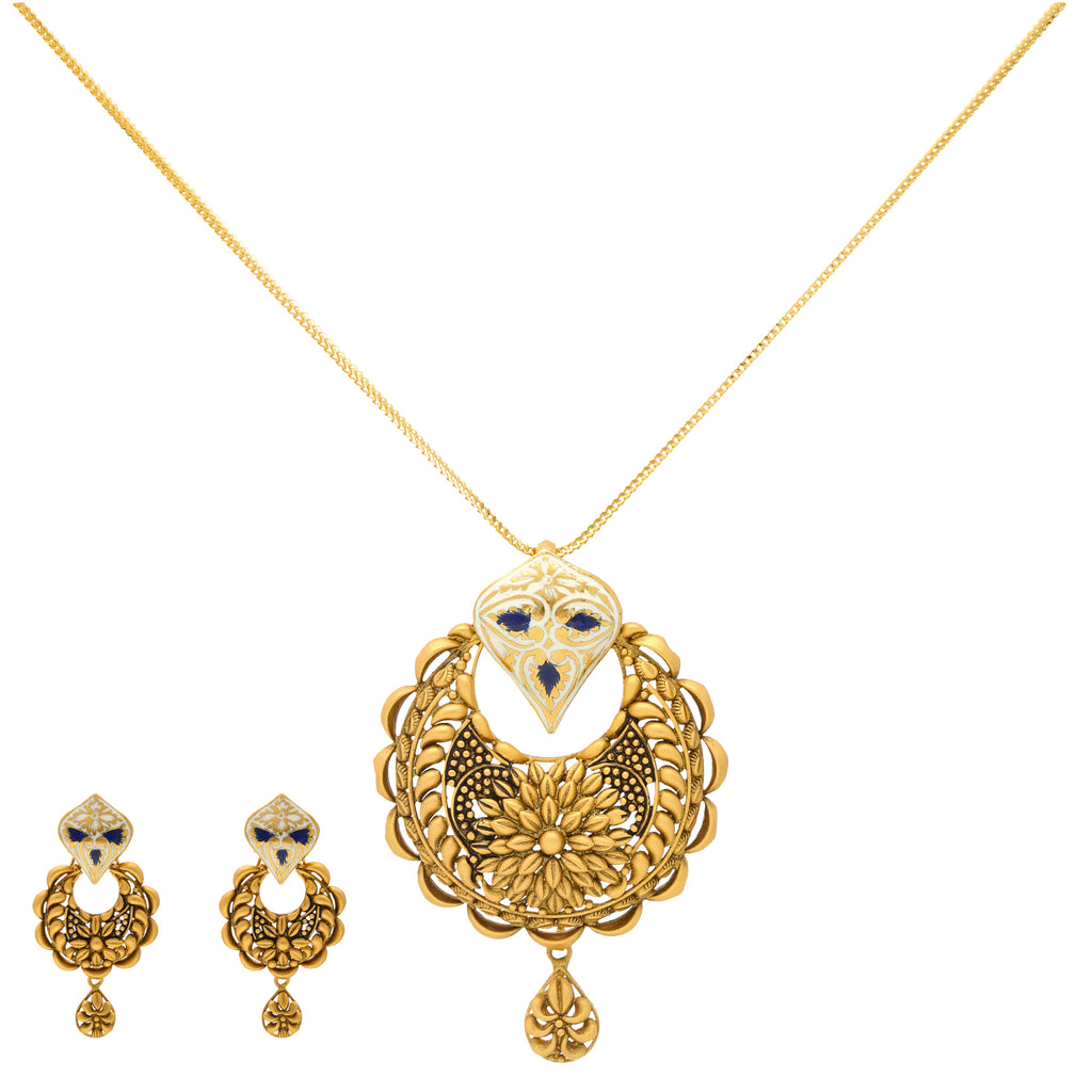 Anya Pendant Set in 22K Yellow Gold (24gm) | 
Our Anya Pendant Set is made of our signature 22k yellow gold with beautiful engravings and fili...