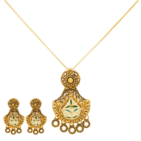 Divya Pendant Set in 22K Yellow Gold (31.4gm) | 
Pair this classy 22k yellow gold pendant and earring set with your favorite assembles whenever y...