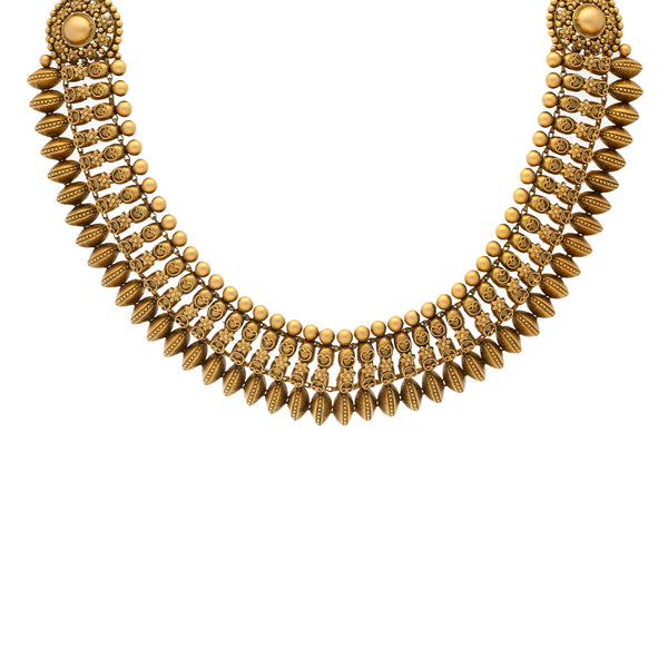 22K Antique Gold Necklace Set (77gm) | 
This simple yet detailed 22k Indian gold jewelry set has a unique design and style you won't fin...