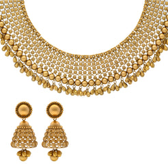 22K Yellow Gold Beaded Jhumka Jewelry Set (107.7gm)