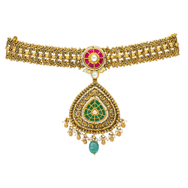 22K Antique Gold Chandbali Choker Set (101.9gm) | 
The elaborate design and style of this magnificent antique 22k gold choker necklace jewelry set ...