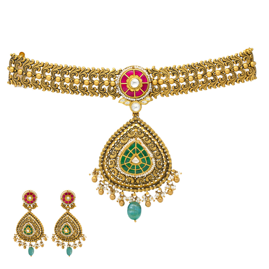 22K Antique Gold Chandbali Choker Set (101.9gm) – Virani Jewelers