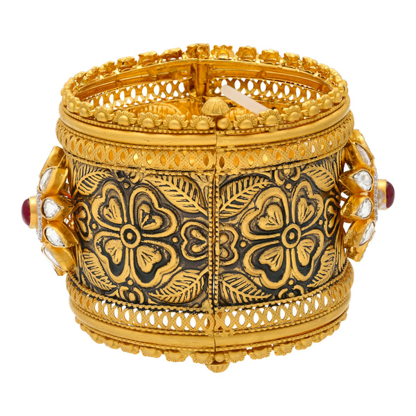 22K Antique Gold Jasmit Bangle Set (78.1gm) | 
Our 22K Antique Gold Jasmit Bangle Set has a rustic, antique gold finish, floral details, and ra...