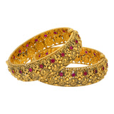 22K Antique Gold & Ruby Lakshmi Bangle Set (60.5m) | 
These beautiful 22k gold bangles with antique finish have a beautiful depiction of Goddess Laksh...