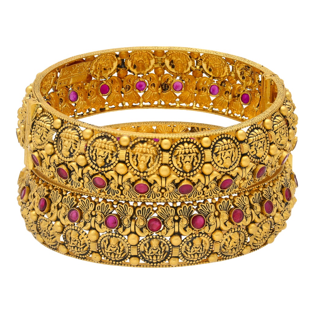 22K Antique Gold & Ruby Lakshmi Bangle Set (60.5m) | 
These beautiful 22k gold bangles with antique finish have a beautiful depiction of Goddess Laksh...