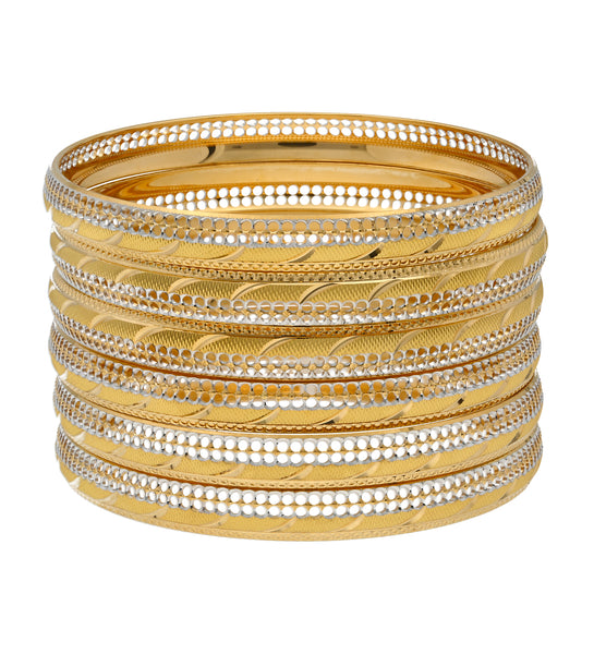 22K Yellow & White Gold Bangle Set of 6 (88.5gm) | Adorn your wrists with this elegant 22k yellow and white gold bangle bracelet set with engraved d...