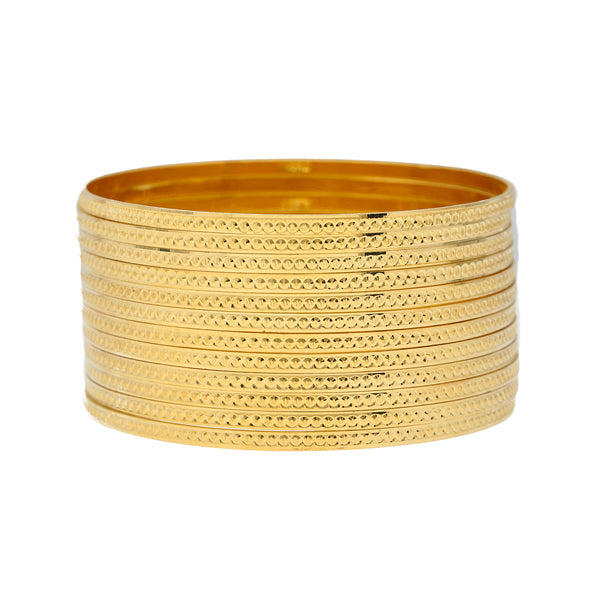 22K Yellow Gold Bangle Set of 12 (129.7gm) | 
This stunning set of 22k gold Indian bangles have an intricate design made of engraved details. ...