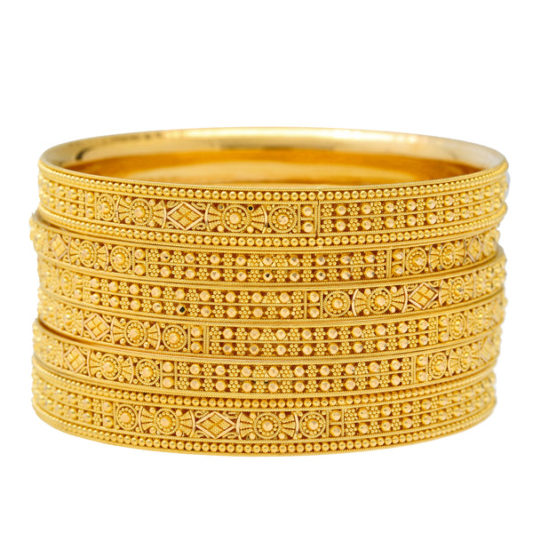 22K Yellow Gold Filigree Bangle Set of 6 (93.9gm) | 
This beautiful set of 22 carat gold Indian bangles will light up the wrists of any women who wea...
