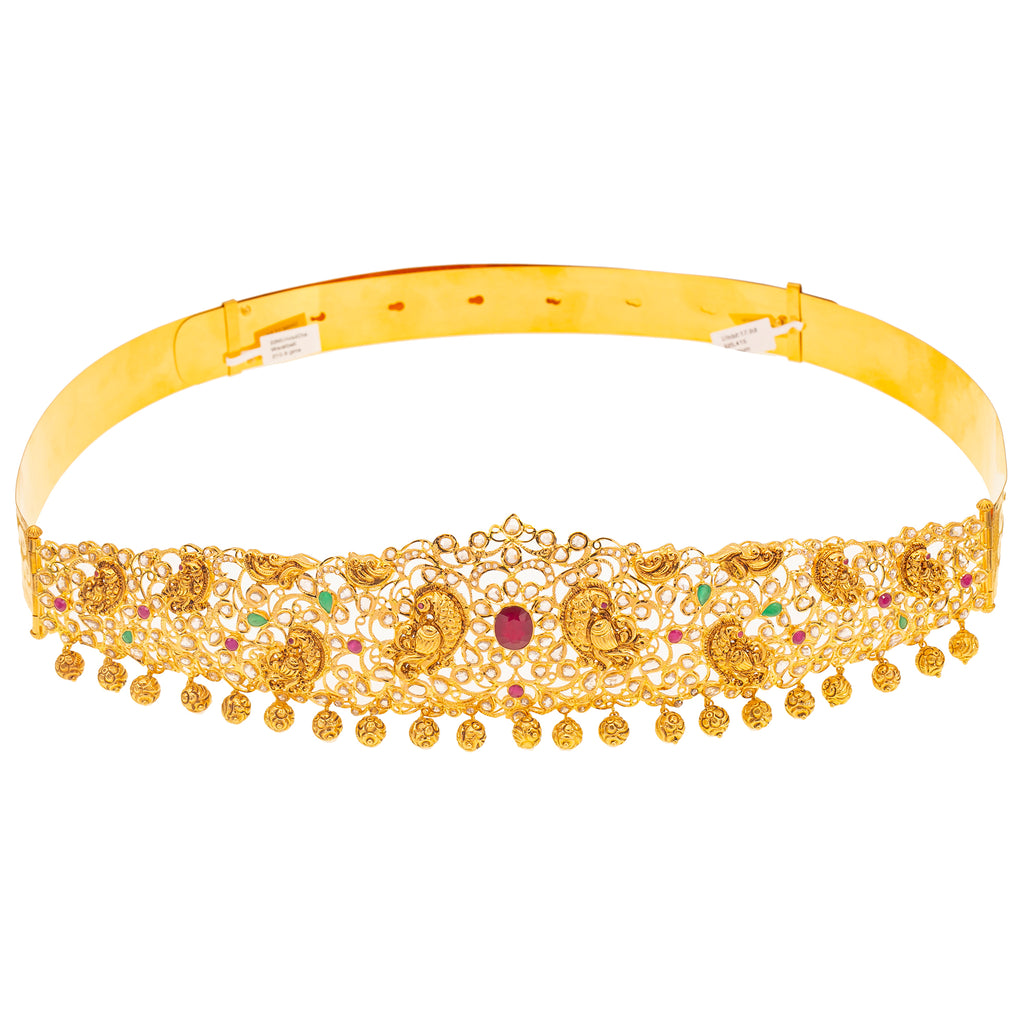 22K Yellow Gold Vaddanam Belt (210.9gm) | 
This fabolous vaddanam belt has a stunning array of emeralds, rubies, and cubic zirconia adornin...