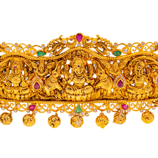 22K Yellow Gold Laxmi Vaddanam Belt (209.2gm) | 
Transform your look with this shimmering 22k yellow gold vaddanam belt encrusted with precious g...