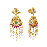 22K Yellow Gold, Gems & Pearls Chandbali Earrings (13.1gm) | This classy Indian gold set of ruby Chandbali earrings online at Virani Jewelers also features gl...