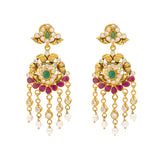 22K Yellow Gold, Gems & Pearls Chandbali Earrings (13.1gm) | This classy Indian gold set of ruby Chandbali earrings online at Virani Jewelers also features gl...