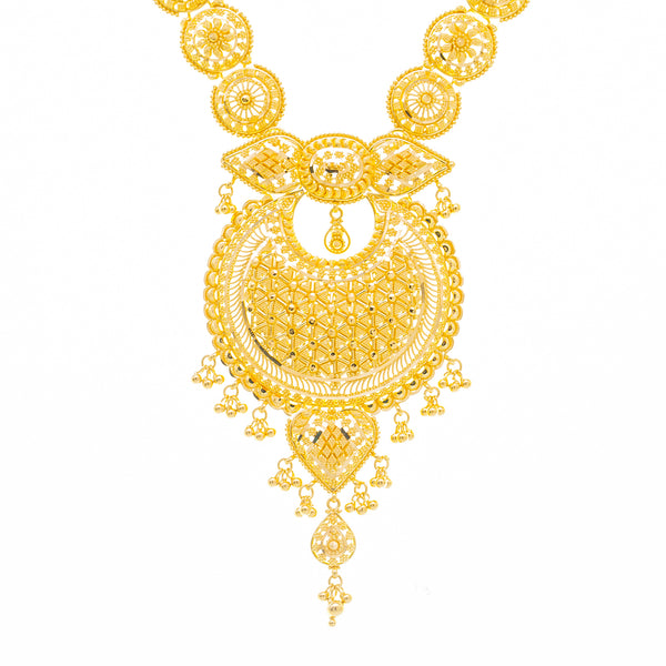 22K Yellow Gold Chandbali Jewelry Set (78.3gm) | 
Our 22K Yellow Gold Chandbali Jewelry Set uses exquisite filigree work and delicate beading to c...