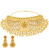 Meenakari Choker Set in 22K Yellow Gold (110.9gm) | 
This dazzling 22 karat gold jewelry set for women has beautiful meenakari elements that mix cult...
