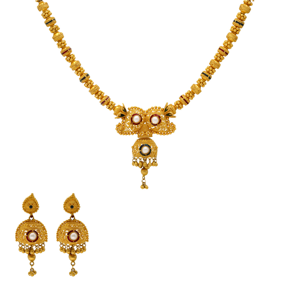 22K Yellow Gold Enamel Kundan Choker Jewelry Set 54.8gm