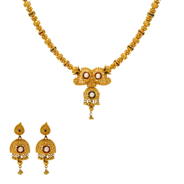 22K Yellow Gold, Enamel, & Kundan Choker Jewelry Set (54.8gm) | 
Pair this minimal 22k yellow gold jewelry set with your bridal gowns for a lovely look of sophis...