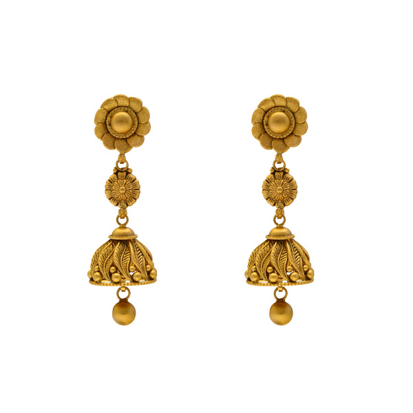 22K Yellow Gold Floral Choker Necklace Set (90.5gm) | 
This beautiful 22k yellow gold Indian jewelry set features engraved details along the choker nec...