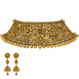 22K Yellow Gold Floral Choker Necklace Set (90.5gm) | 
This beautiful 22k yellow gold Indian jewelry set features engraved details along the choker nec...