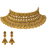 22K Yellow Gold Choker Necklace Set (98gm) | 
This stunning 22k yellow gold choker necklace and jhumka earring set is the perfect jewelry set ...