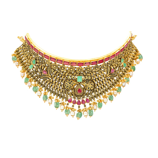 22K Antique Gold Choker Set with Gemstones & Pearls (87.1 grams) | 
Shimmer and shine like royalty when you don this luxurious 22k antique gold jewelry set! The rad...