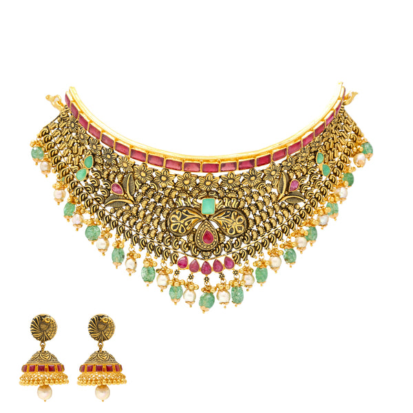 22K Antique Gold Choker Set with Gemstones & Pearls (87.1 grams) | 
Shimmer and shine like royalty when you don this luxurious 22k antique gold jewelry set! The rad...