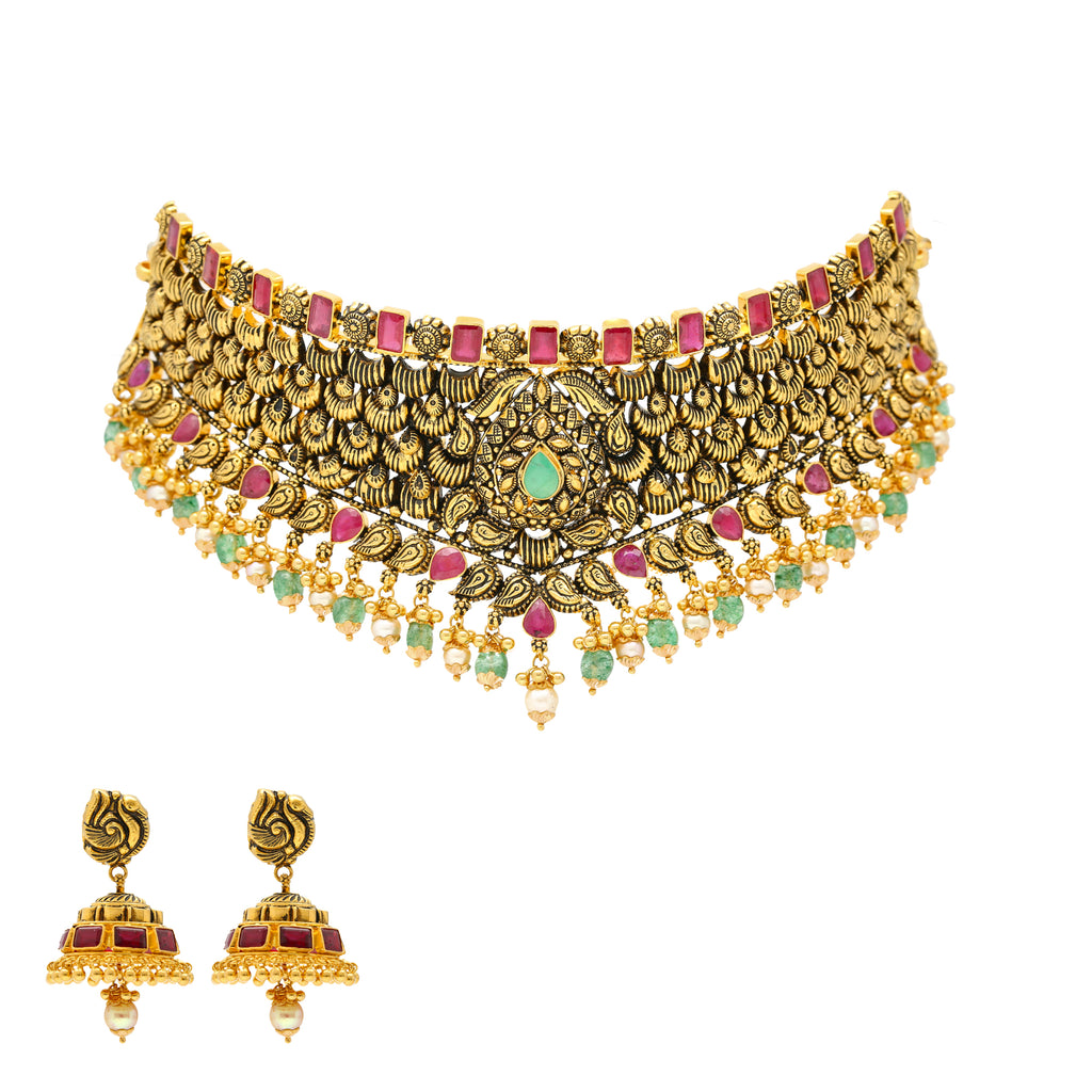 22K Antique Gold Choker Set with Gemstones & Pearls (80.9 grams) | 
sThis lush 22k gold jewelry set with has an antique finish and gleaming assortment of emeralds, ...