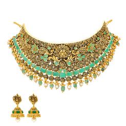 22K Antique Gold Choker Set with Emeralds & Pearls (90.4 grams)