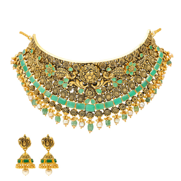 22K Antique Gold Choker Set with Emeralds & Pearls (90.4 grams) | 
Make all those in the room green with envy when you adorn yourself with this breathtaking 22k an...