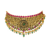 22K Antique Gold Choker Set with Gemstones & Pearls (92.2 grams) | 
The elaborate floral design made of antique gold on this 22k choker and chandbali earring set ar...