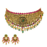 22K Antique Gold Choker Set with Gemstones & Pearls (92.2 grams) | 
The elaborate floral design made of antique gold on this 22k choker and chandbali earring set ar...