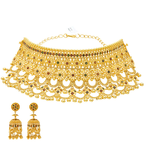 Meenakari Choker Set in 22K Yellow Gold (127.6gm) | 
This vibrant 22 karat gold jewelry set for women has subtle meenakari accents that mix cultural ...