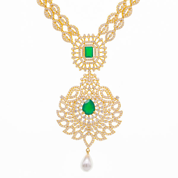 22K Yellow Gold & CZ Necklace Set (77.7gm) | 
Add this radiant 22k yellow gold Indian jewelry necklace and earring set to your bridal, formal,...