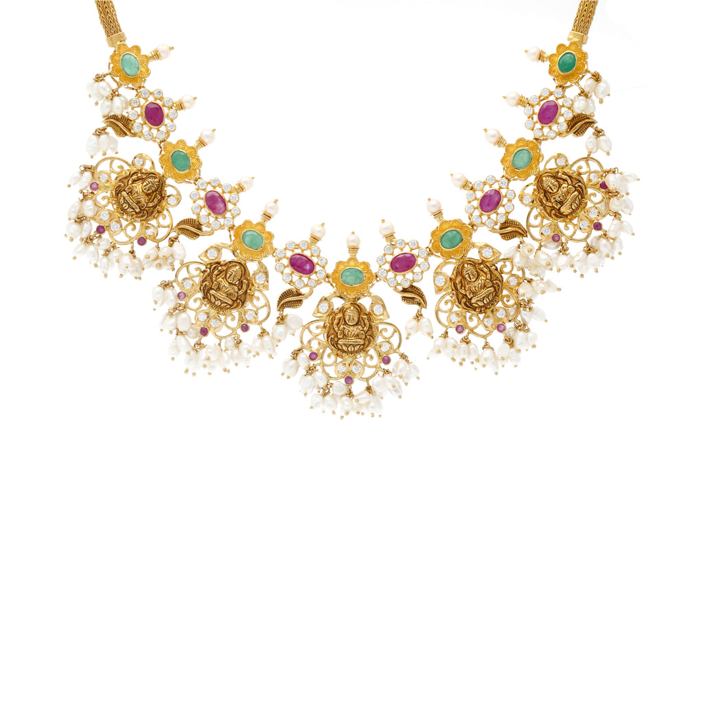 22K Yellow Gold, Gem, & Pearls Guddusapulu Necklace (58.7gm) | 
Add this gleaming 22k yellow gold necklace with emeralds, rubies, and pearls to any bridal, even...