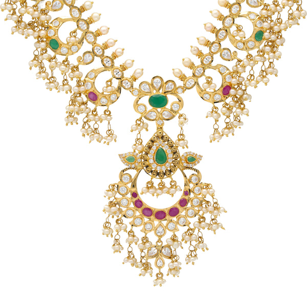 22K Gold & Gemstone Guddusapulu Necklace (58.4gm) | 
This 22k yellow gold necklace has a stunning array of emeralds, rubies, pearls and cubic zirconi...