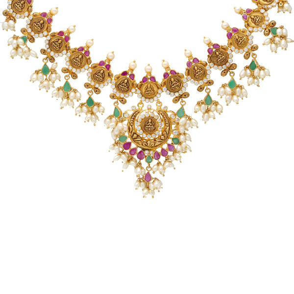 22K Gold & Gemstone Guddusapsula Necklace (59.3gm) | 
This dazzling 22k yellow gold necklace from Virani Jewelers features engravings on Goddess Laksh...