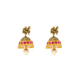 22K Antique Gold Jhumka Earrings w/ Rubies and Pearls (21gm) | 
The addition of colorful rubies and pearls to these uniquely designed 22k antique gold earrings ...