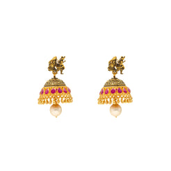 22K Antique Gold Jhumka Earrings w/ Rubies and Pearls (21gm)